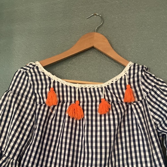 Navy and White Checkered Dress with Orange Tassel Detail - Picture 2 of 4